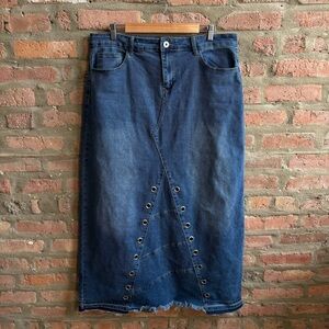 Ashley Stewart Denim maxi Skirt grommet detail size 14